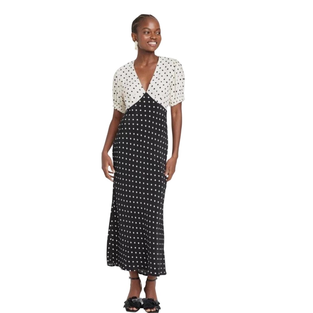 Polka Dot Colorblock Maxi Dress V Neck Bias Cut Wedding Guest XL Mod